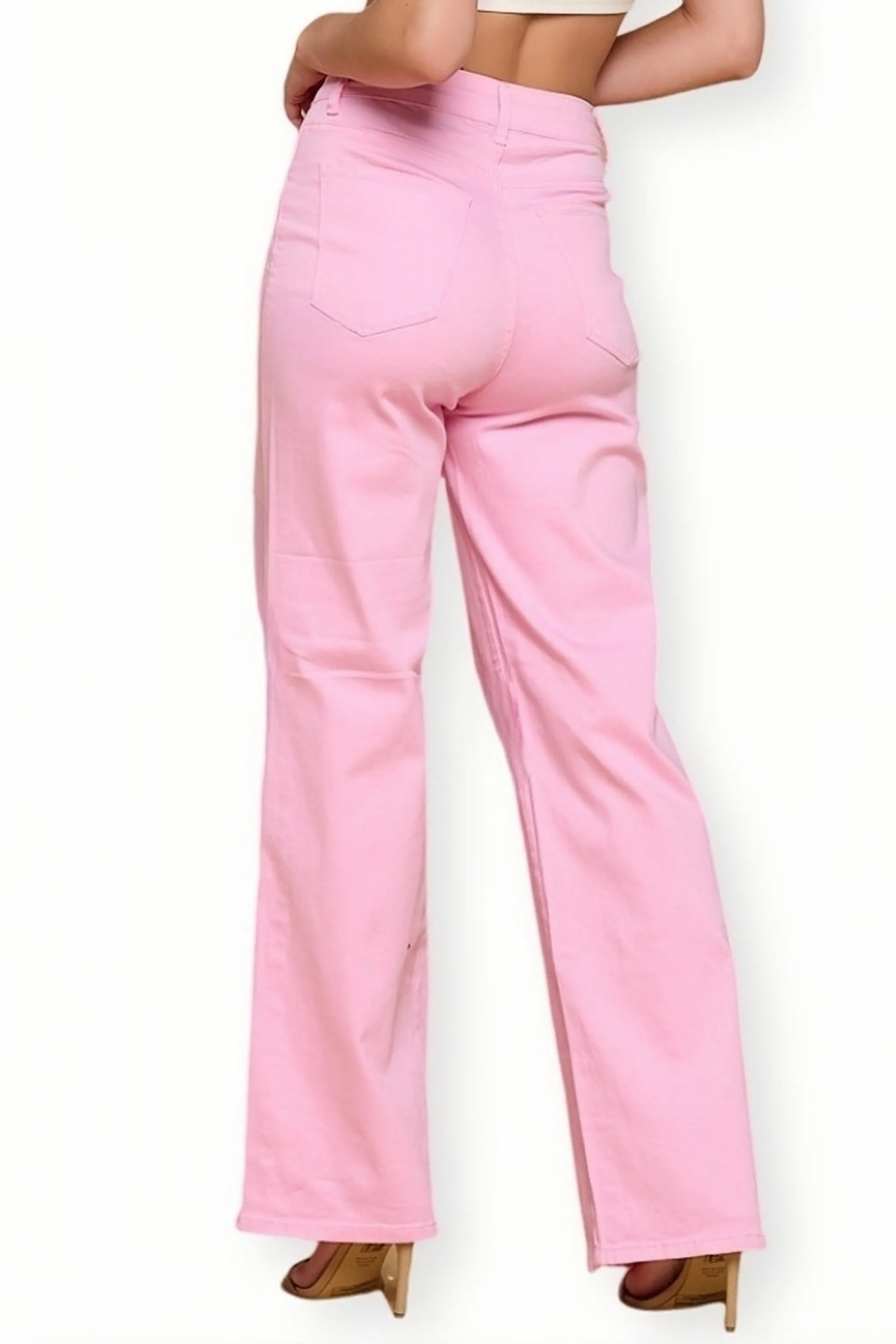 LVB-200 LIGHT PINK HIGH WAISTED SUPER-STRETCH COLORED WIDE LEG JEANS