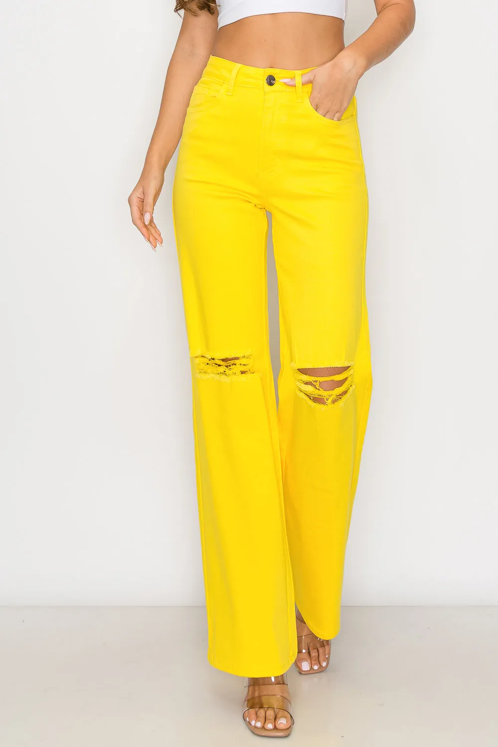 LVB-230 YELLOW HIGH WAISTED SUPER-STRETCH COLORED WIDE LEG JEANS
