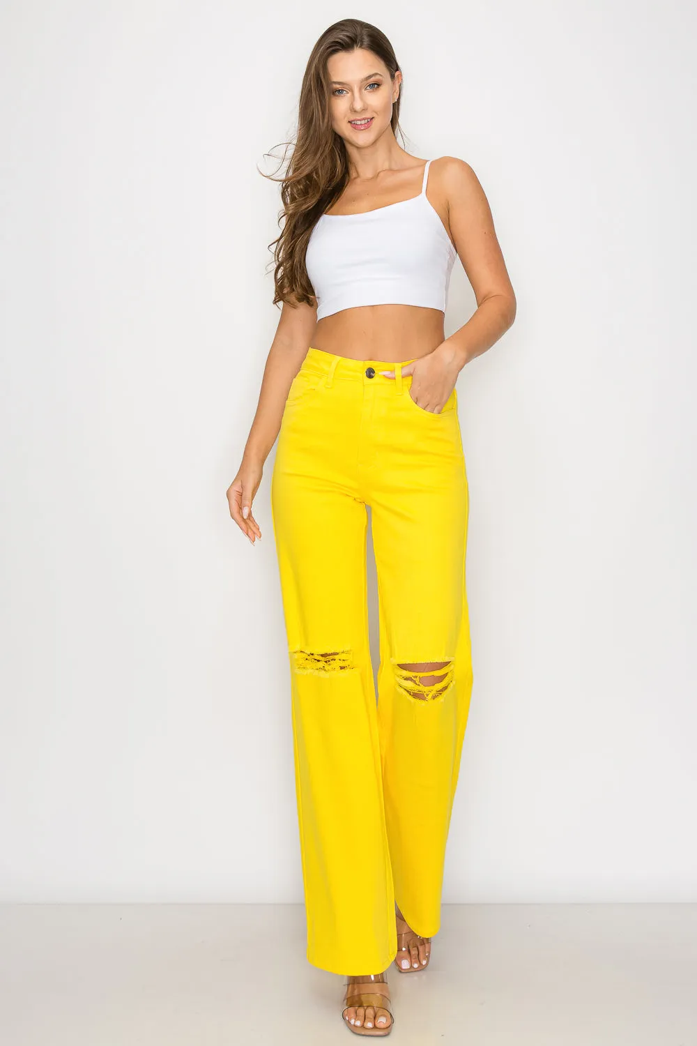 LVB-230 YELLOW HIGH WAISTED SUPER-STRETCH COLORED WIDE LEG JEANS
