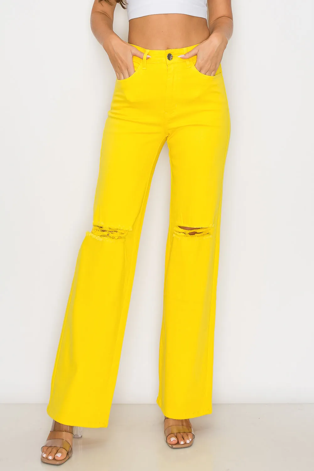 LVB-230 YELLOW HIGH WAISTED SUPER-STRETCH COLORED WIDE LEG JEANS