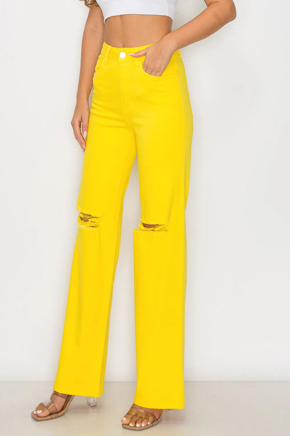LVB-230 YELLOW HIGH WAISTED SUPER-STRETCH COLORED WIDE LEG JEANS