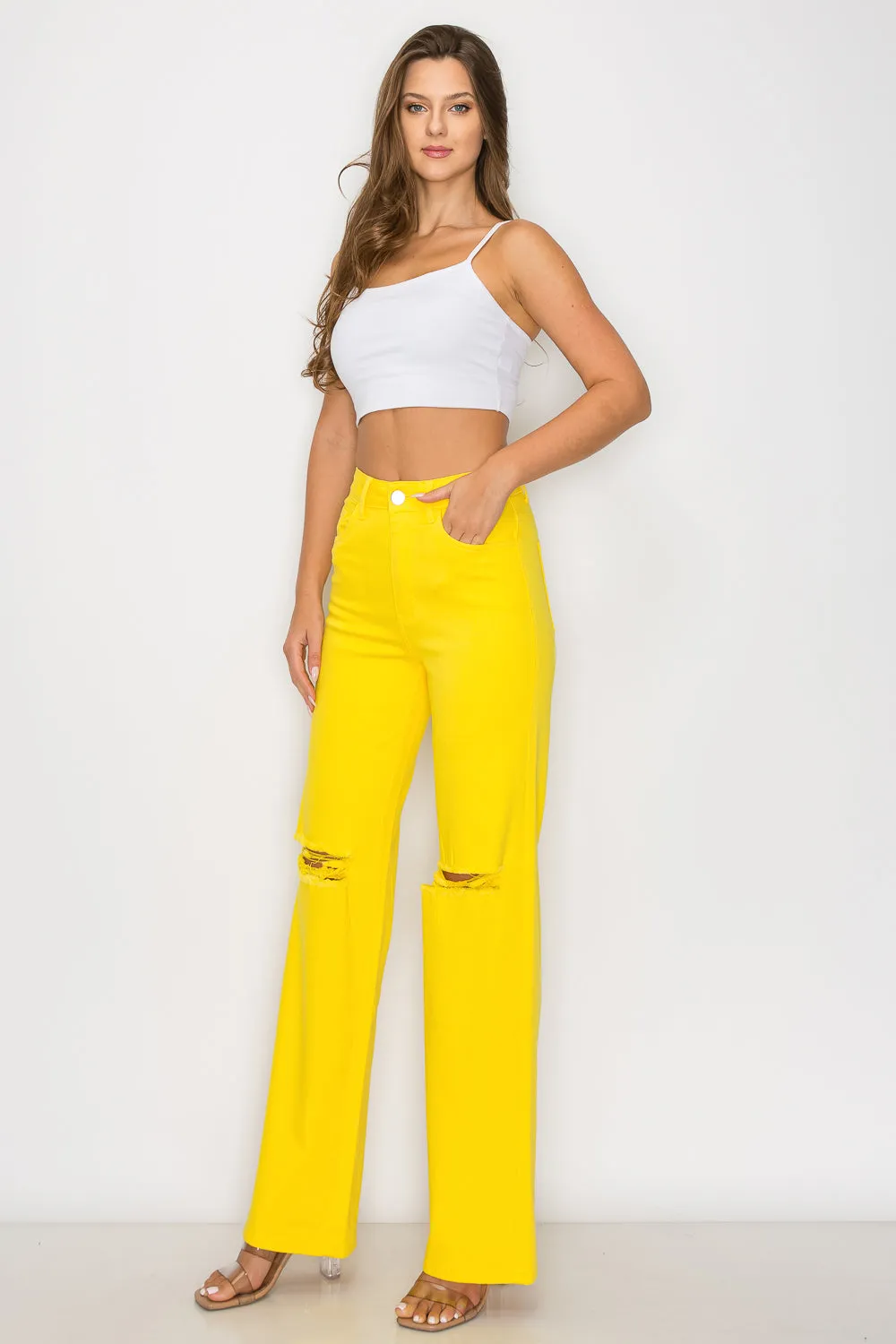 LVB-230 YELLOW HIGH WAISTED SUPER-STRETCH COLORED WIDE LEG JEANS