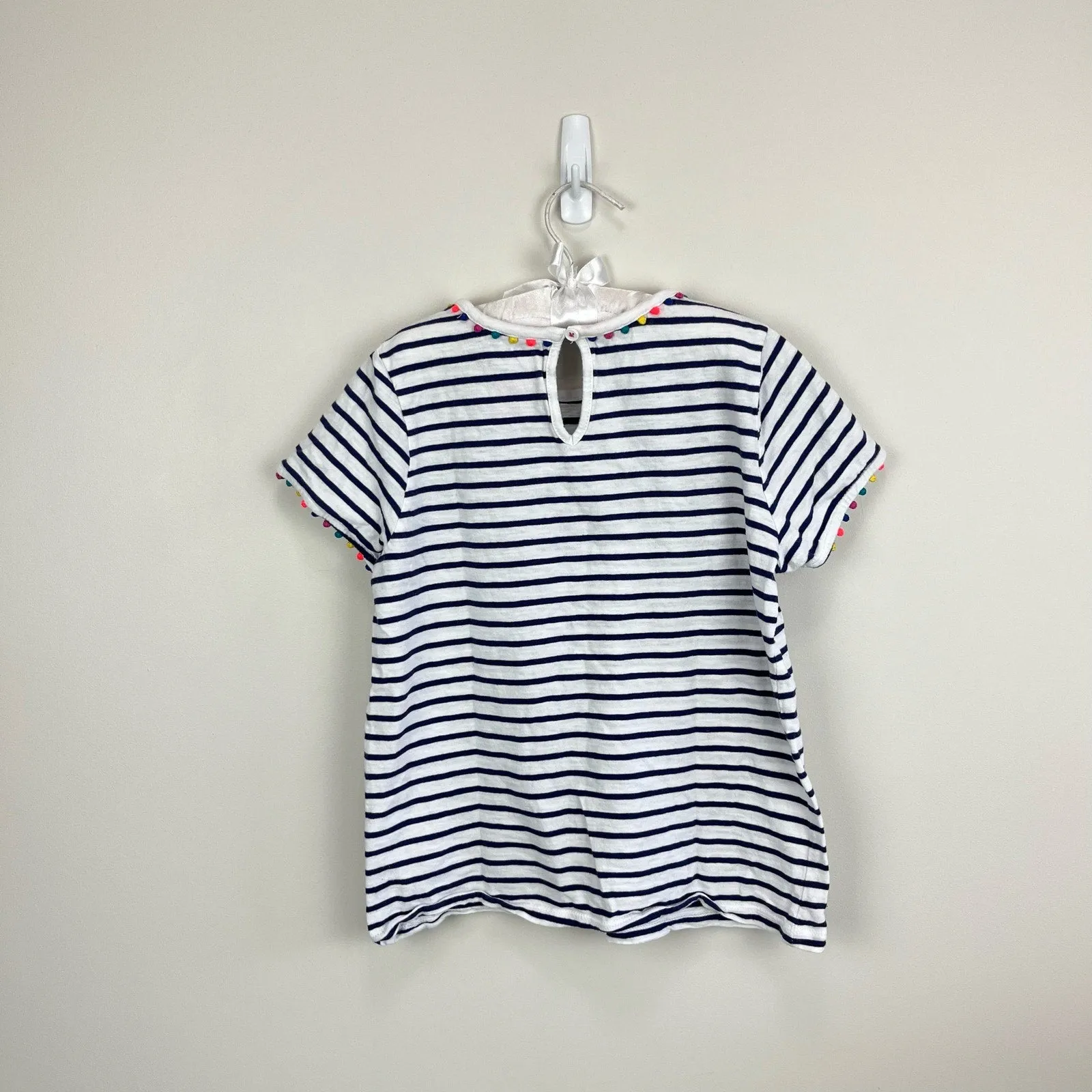 Mini Boden Charlie Navy Stripe Pom Pom Tee 9-10