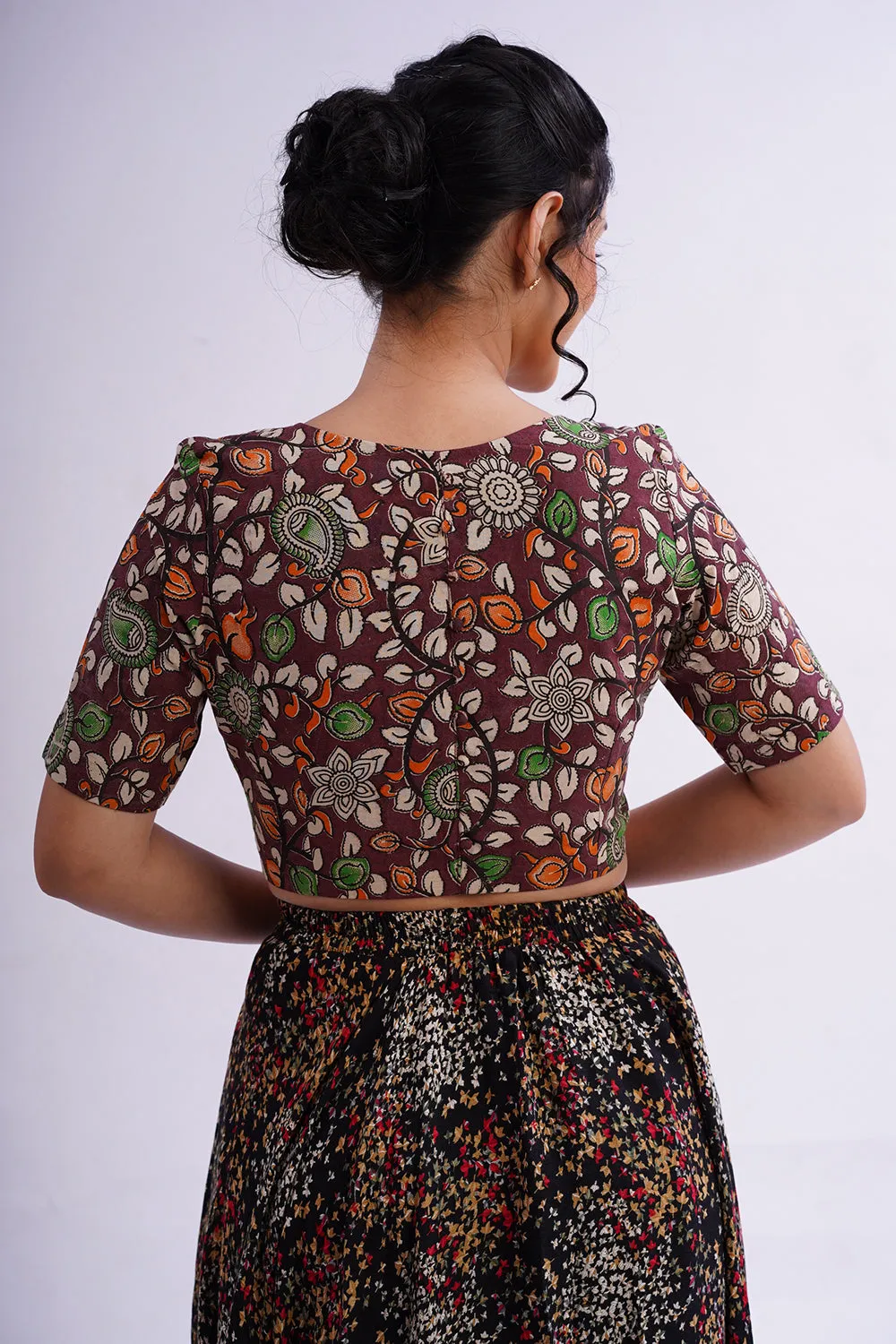 Naidu Hall Round Neck Elbow Sleeve Women's Handloom Cotton Saree Printed1 Front Open Blouse - Brown