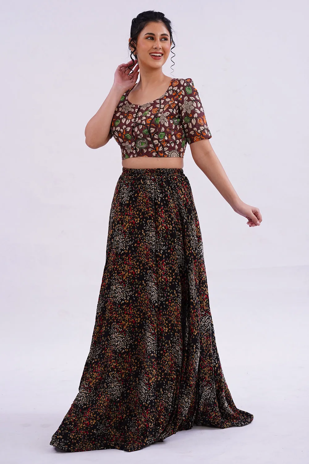 Naidu Hall Round Neck Elbow Sleeve Women's Handloom Cotton Saree Printed1 Front Open Blouse - Brown
