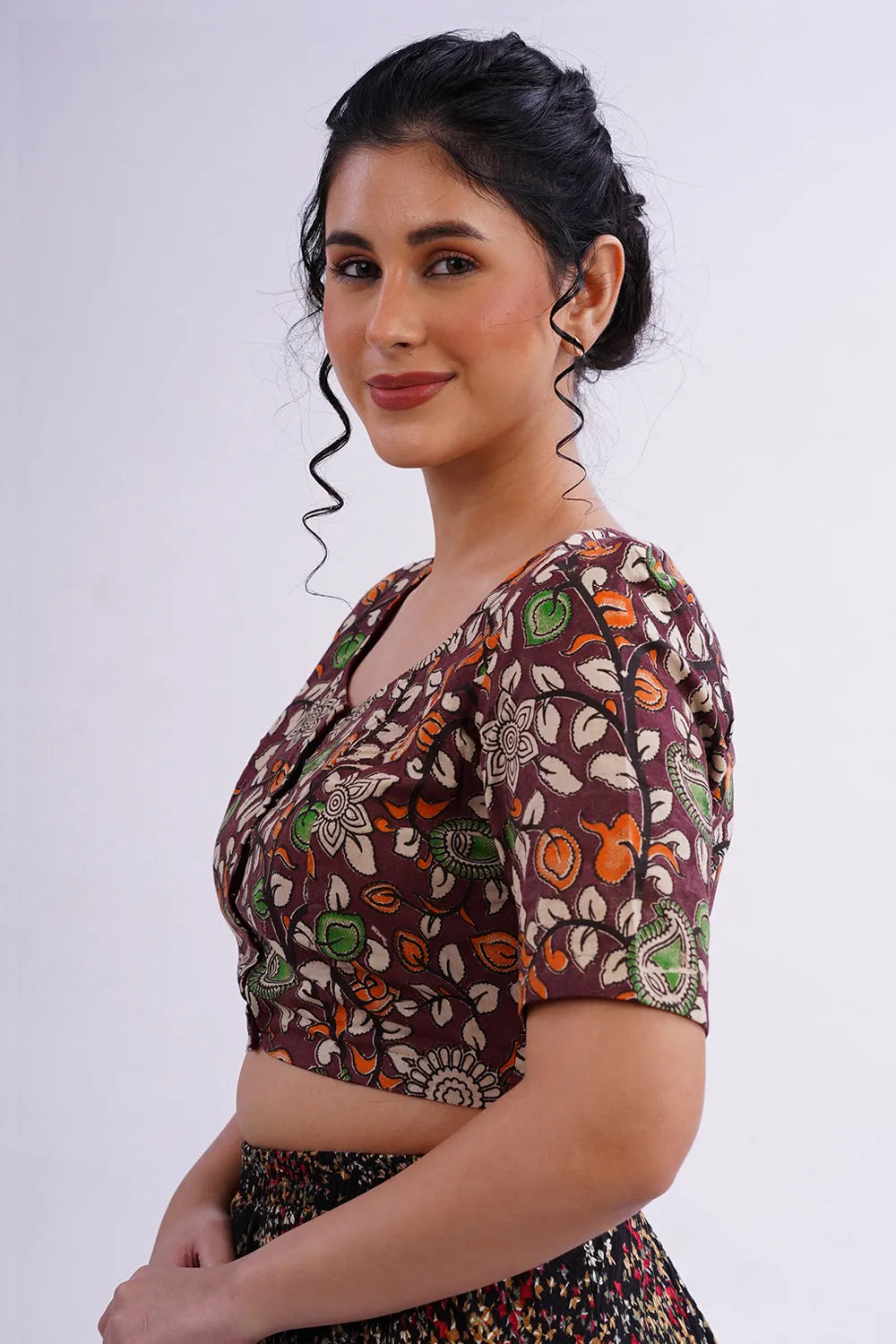 Naidu Hall Round Neck Elbow Sleeve Women's Handloom Cotton Saree Printed1 Front Open Blouse - Brown