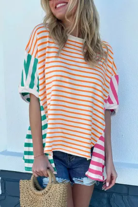 Orange Stripe Colorblock Patchwork Baggy T Shirt