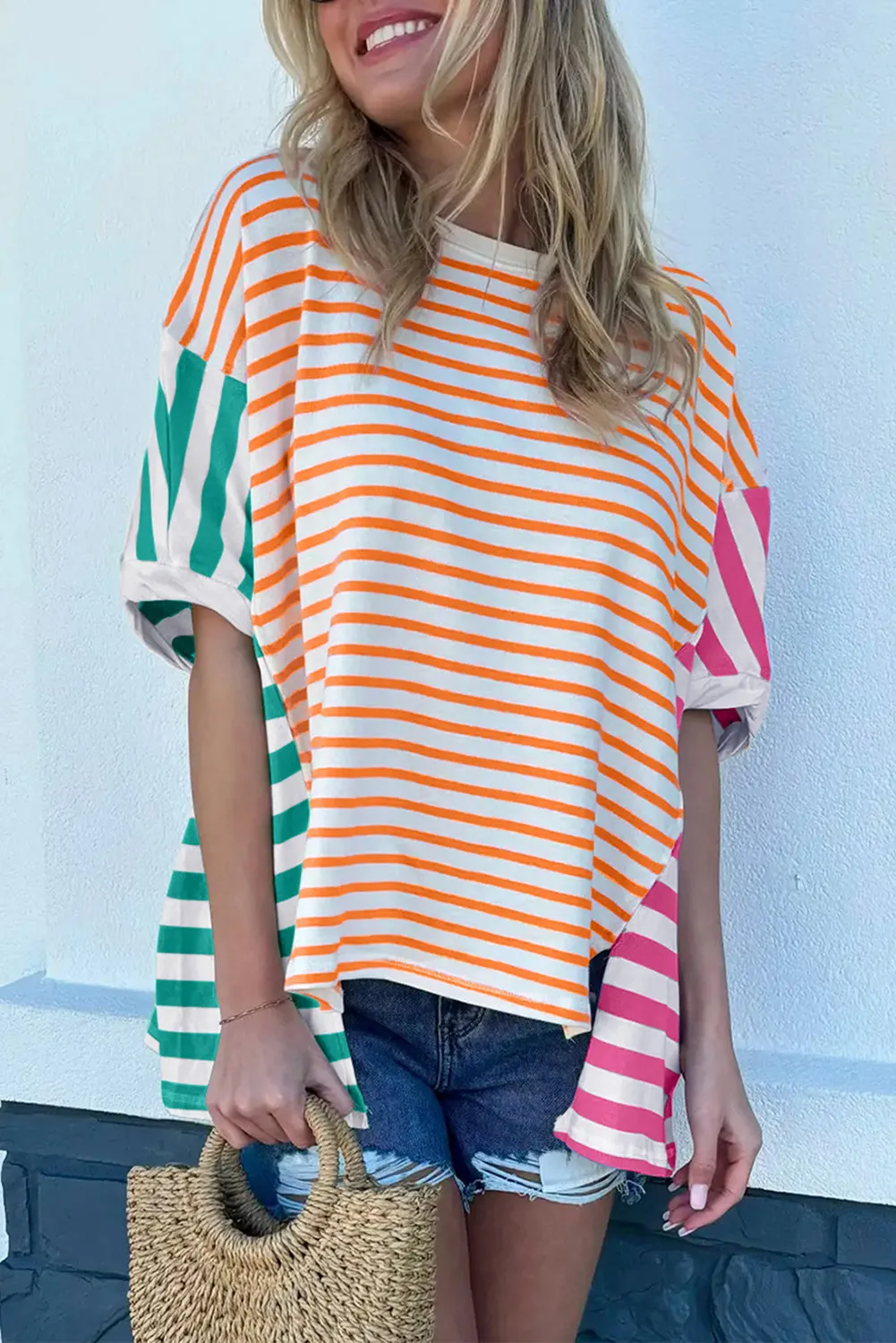 Orange Stripe Colorblock Patchwork Baggy T Shirt