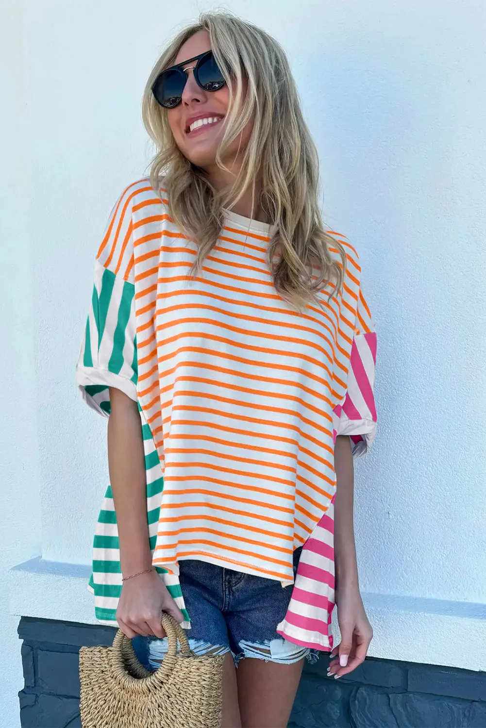 Orange Stripe Colorblock Patchwork Baggy T Shirt
