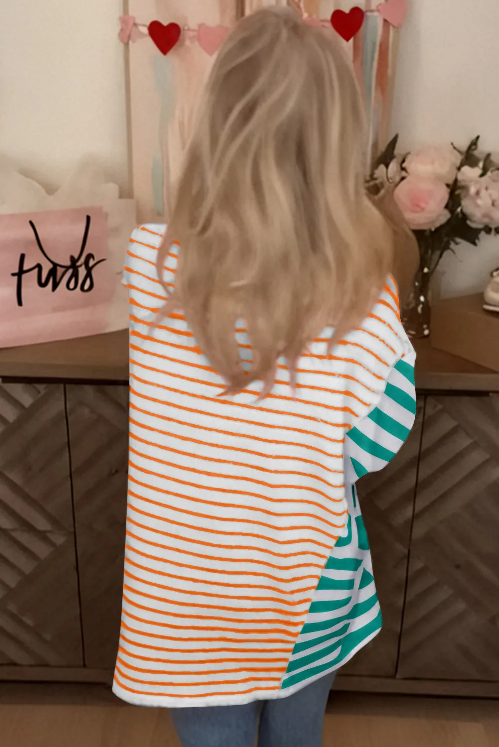 Orange Stripe Colorblock Patchwork Baggy T Shirt