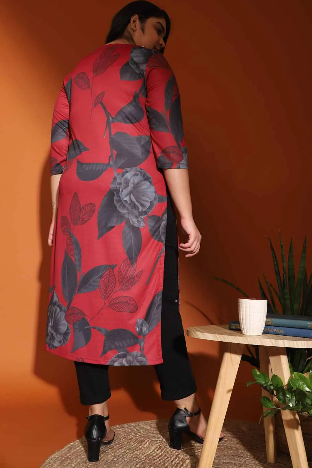 Plus Size Red Floral Long Kurti