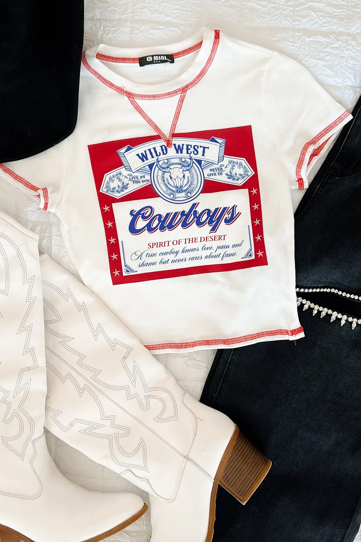 "Wild West Cowboys" Graphic Crop Tee (Ivory)