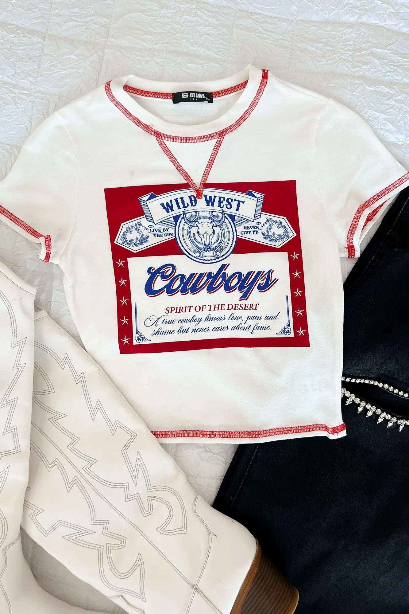 "Wild West Cowboys" Graphic Crop Tee (Ivory)