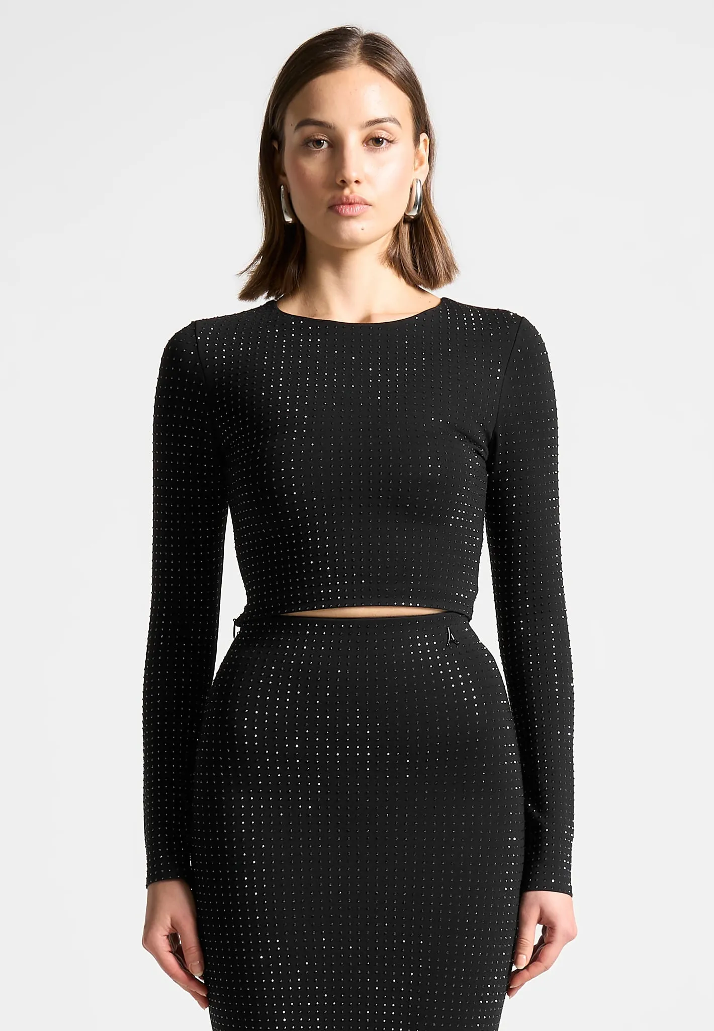 Rhinestone Long Sleeve Bandage Top - Black