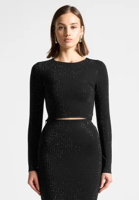 Rhinestone Long Sleeve Bandage Top - Black