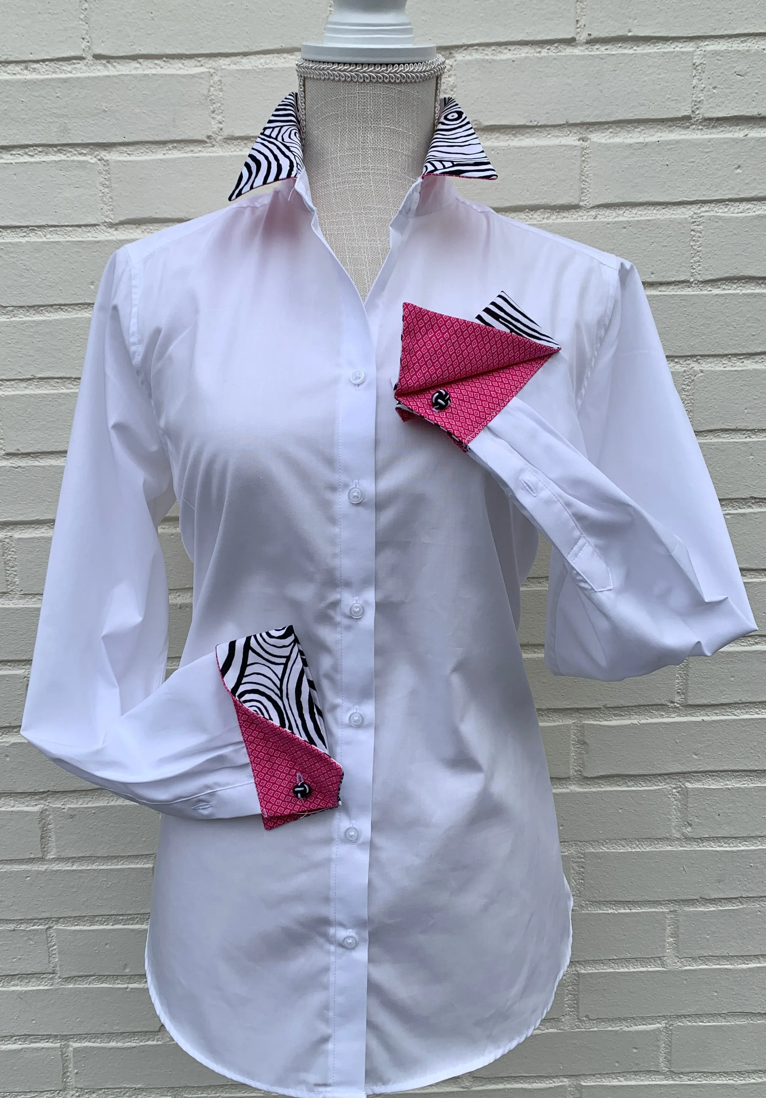 SALE - S, L & XL ONLY -Diana French Cuff White w Black White & Pink Geo  (DFC17) *FINAL SALE*