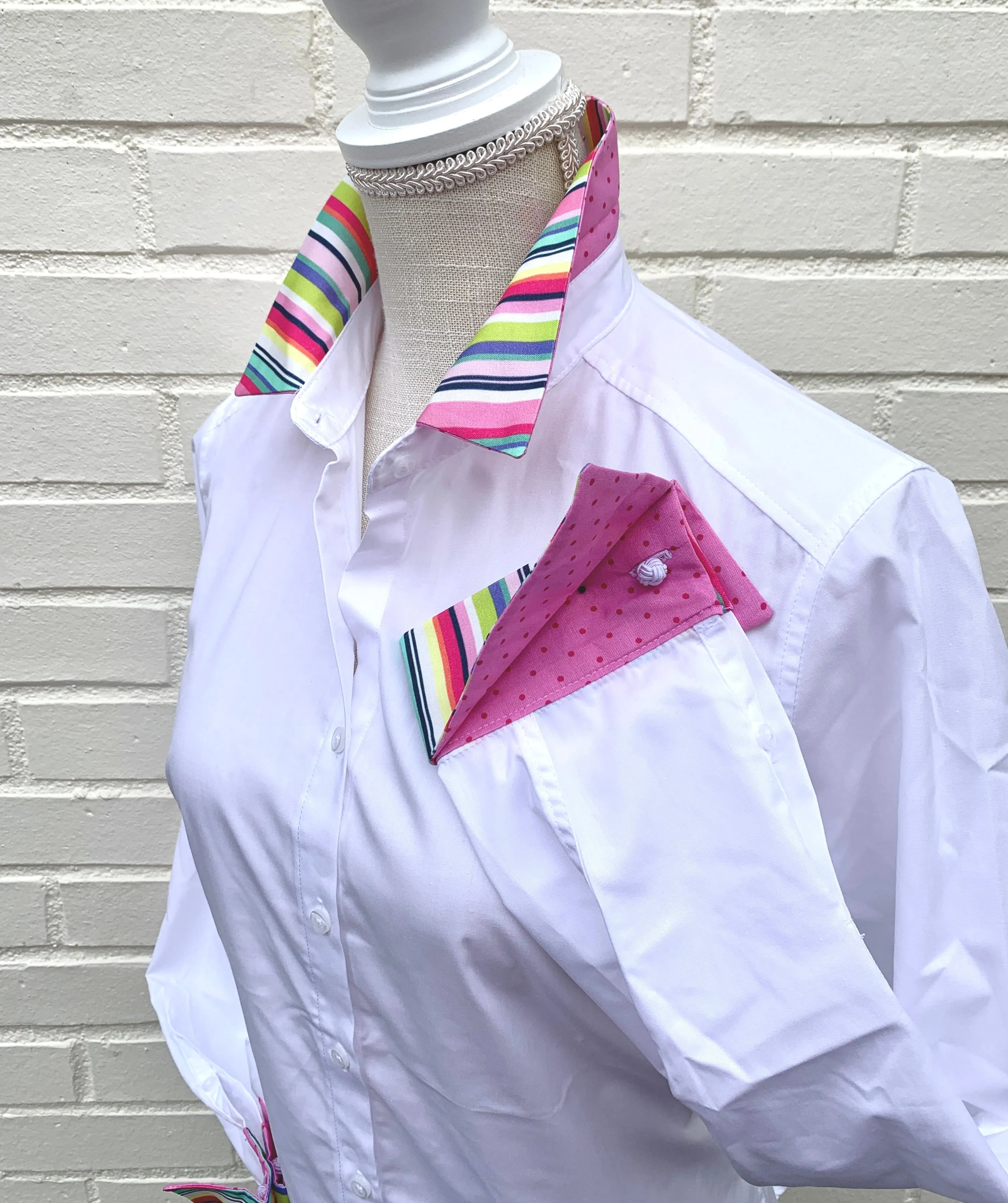 SALE - S ONLY - Diana French Cuff White w Multi Stripe & Pink Dot  (DFC15) *FINAL SALE*