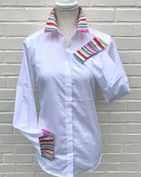 SALE - S ONLY - Diana French Cuff White w Multi Stripe & Pink Dot  (DFC15) *FINAL SALE*