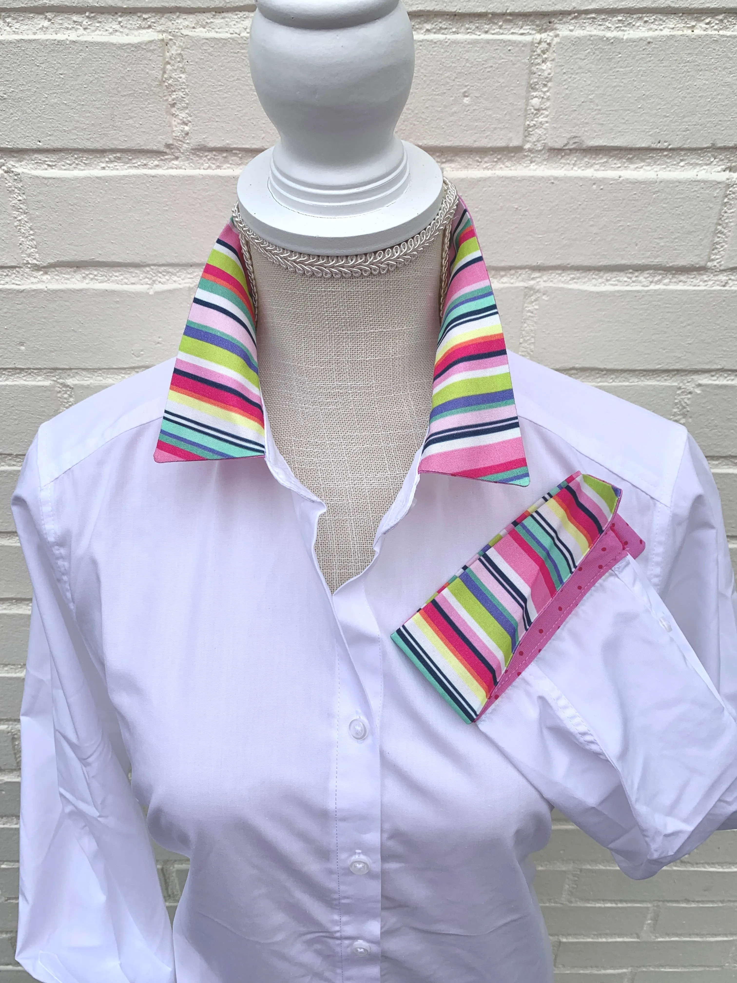 SALE - S ONLY - Diana French Cuff White w Multi Stripe & Pink Dot  (DFC15) *FINAL SALE*