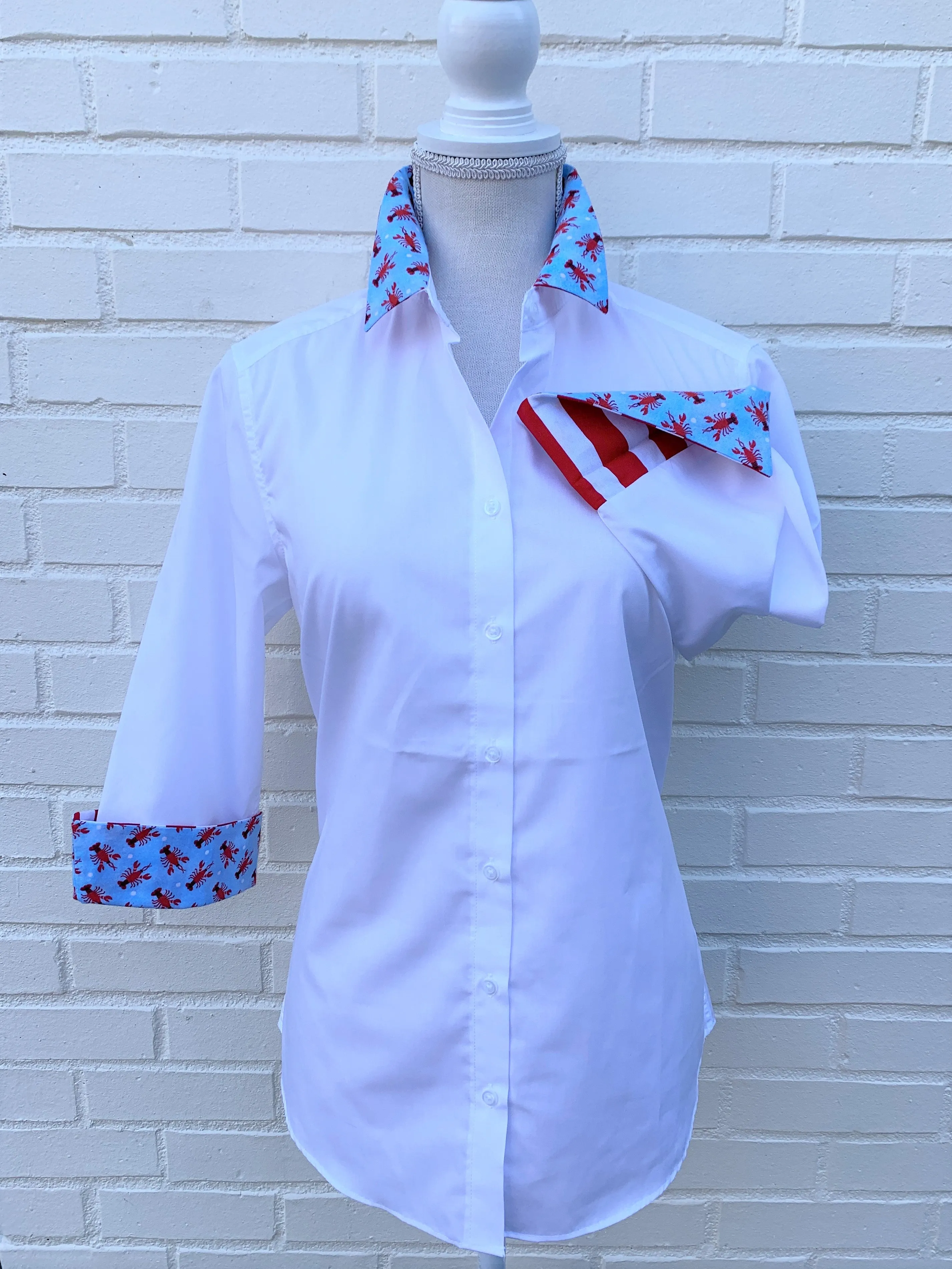 SALE - S ONLY - Elizabeth 3/4 Sleeve White w Lobsters & Stripes (3420) *FINAL SALE*