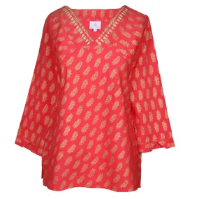 Sheba Coral  Embroidered Metallic Blouse FINAL SALE