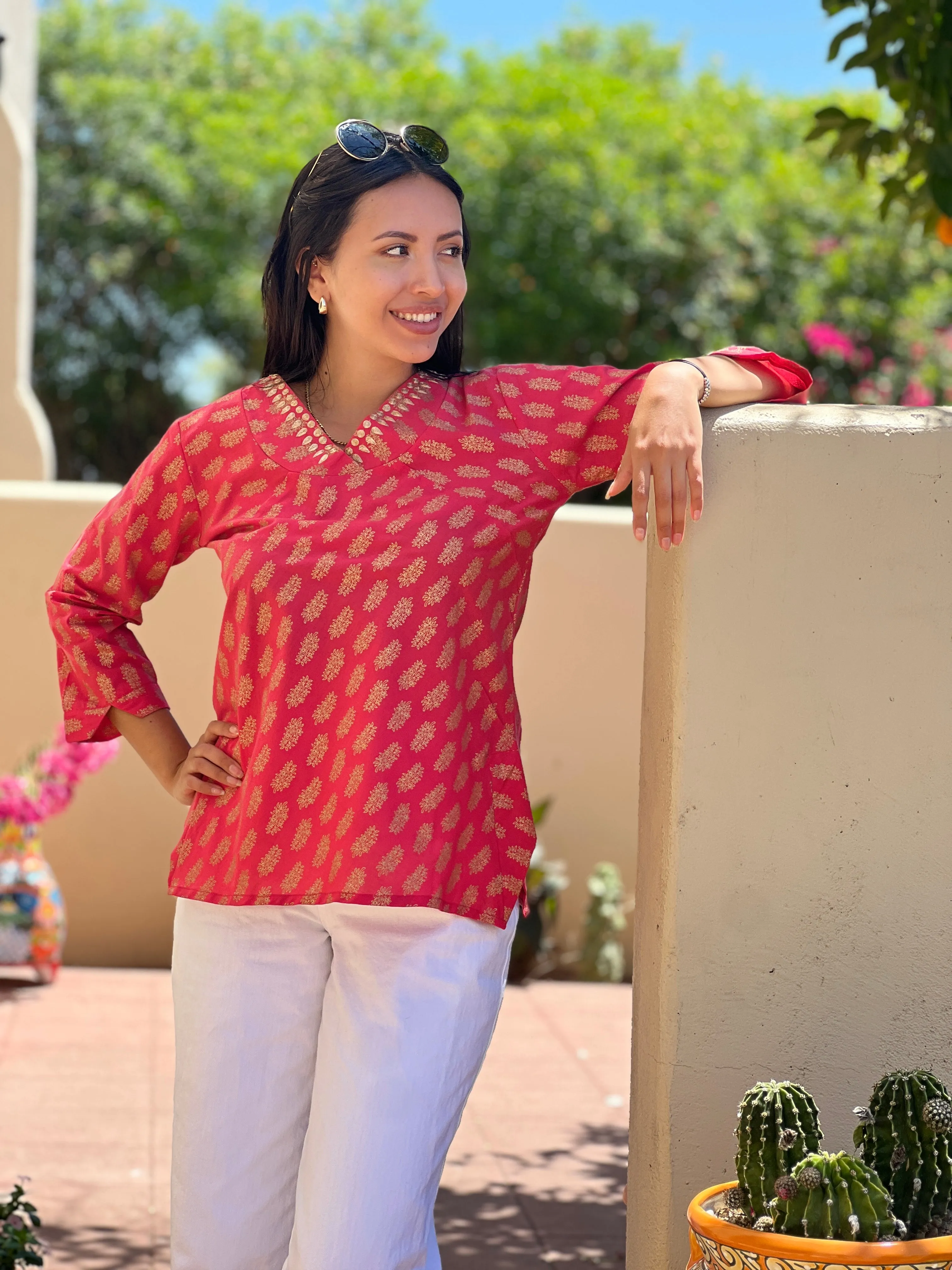 Sheba Coral  Embroidered Metallic Blouse FINAL SALE