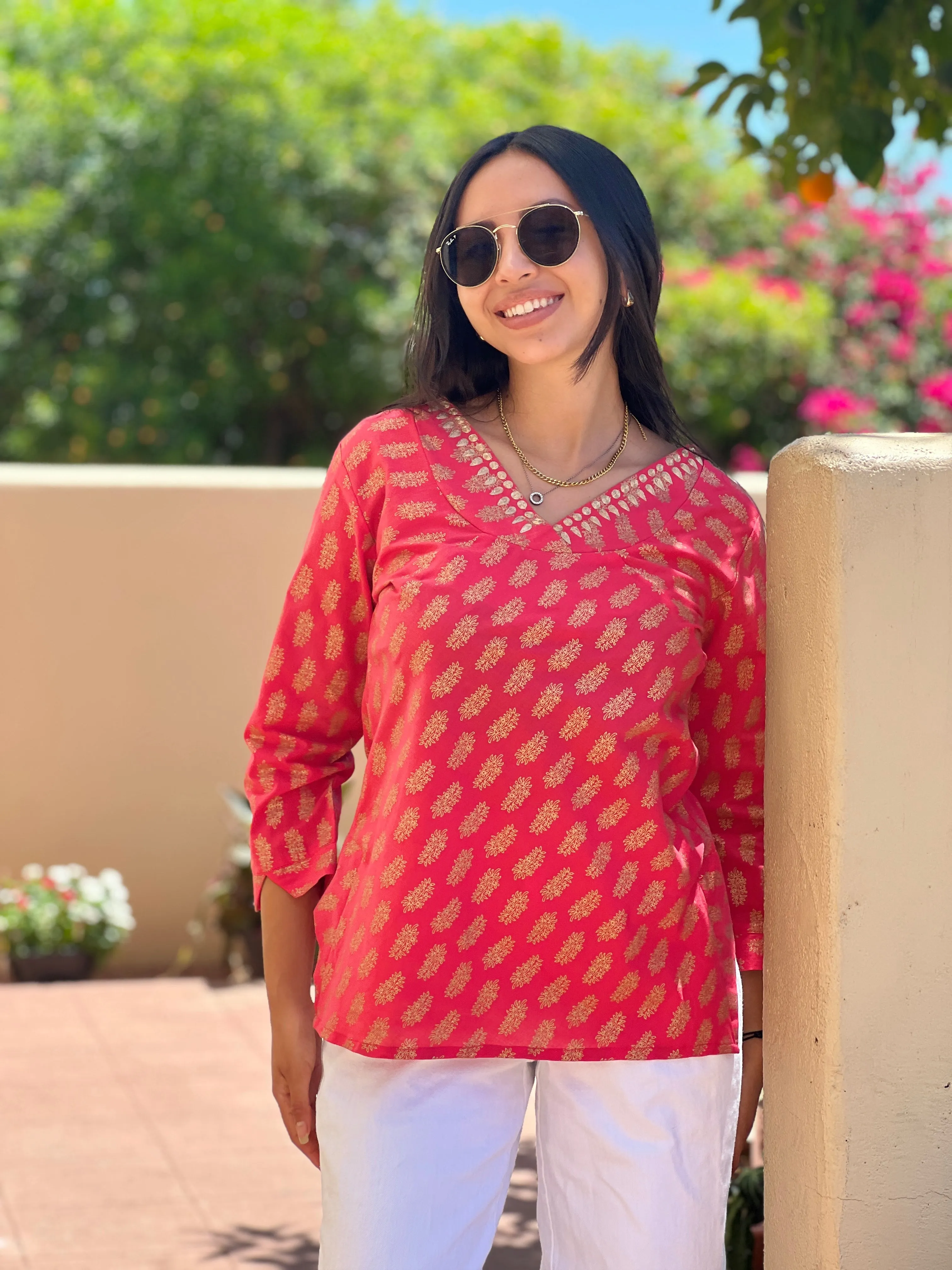 Sheba Coral  Embroidered Metallic Blouse FINAL SALE