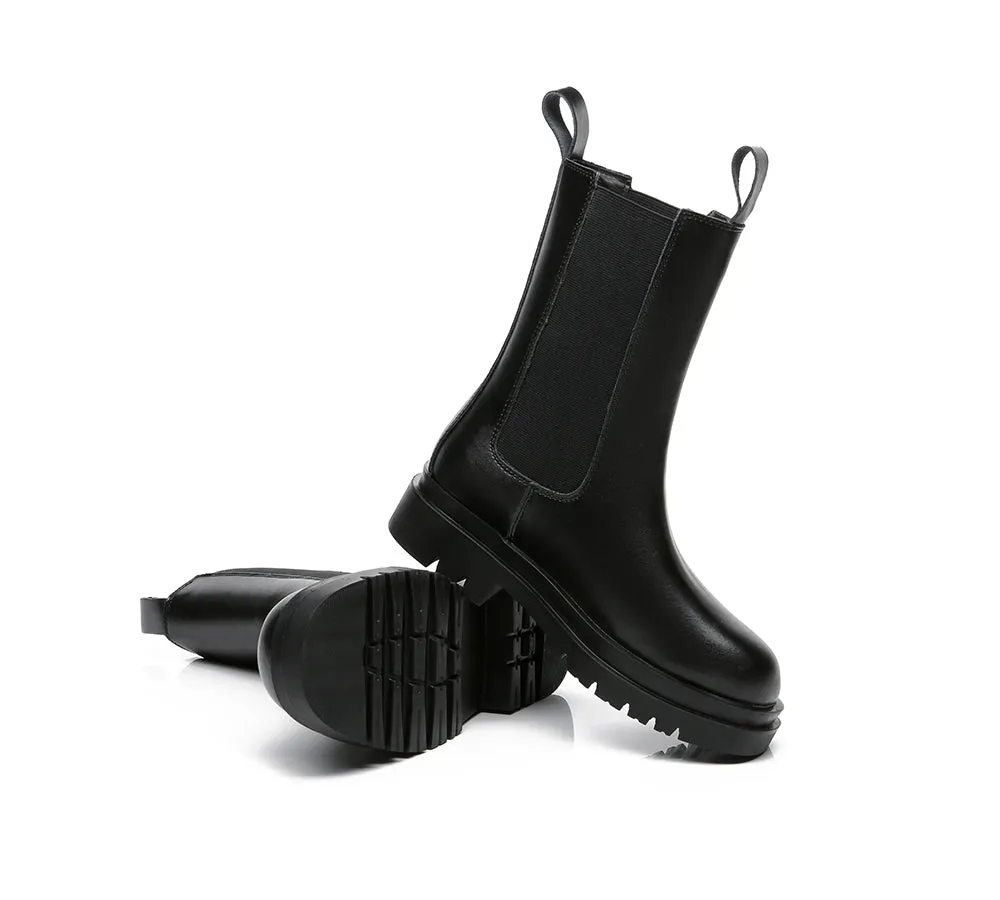 TARRAMARRA® Women Leather Sheepskin Wool Block Heel Black Boots Sherlyn