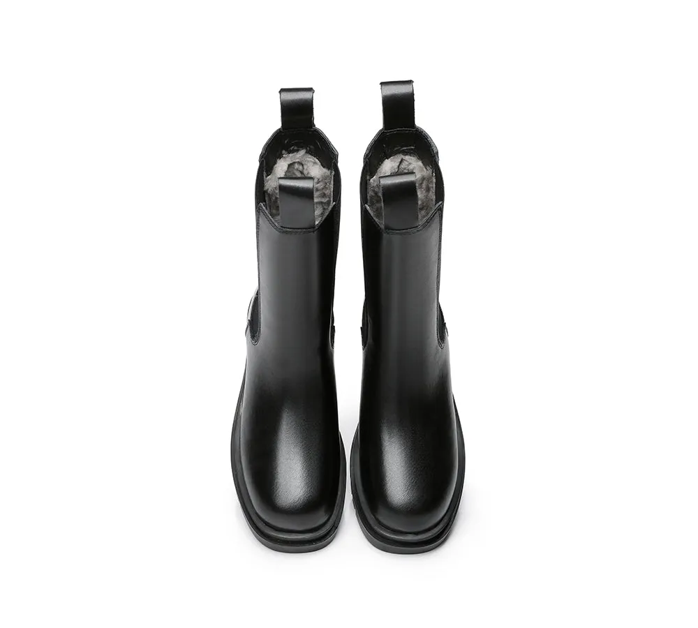 TARRAMARRA® Women Leather Sheepskin Wool Block Heel Black Boots Sherlyn