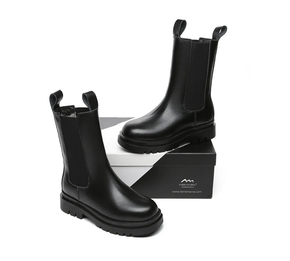 TARRAMARRA® Women Leather Sheepskin Wool Block Heel Black Boots Sherlyn