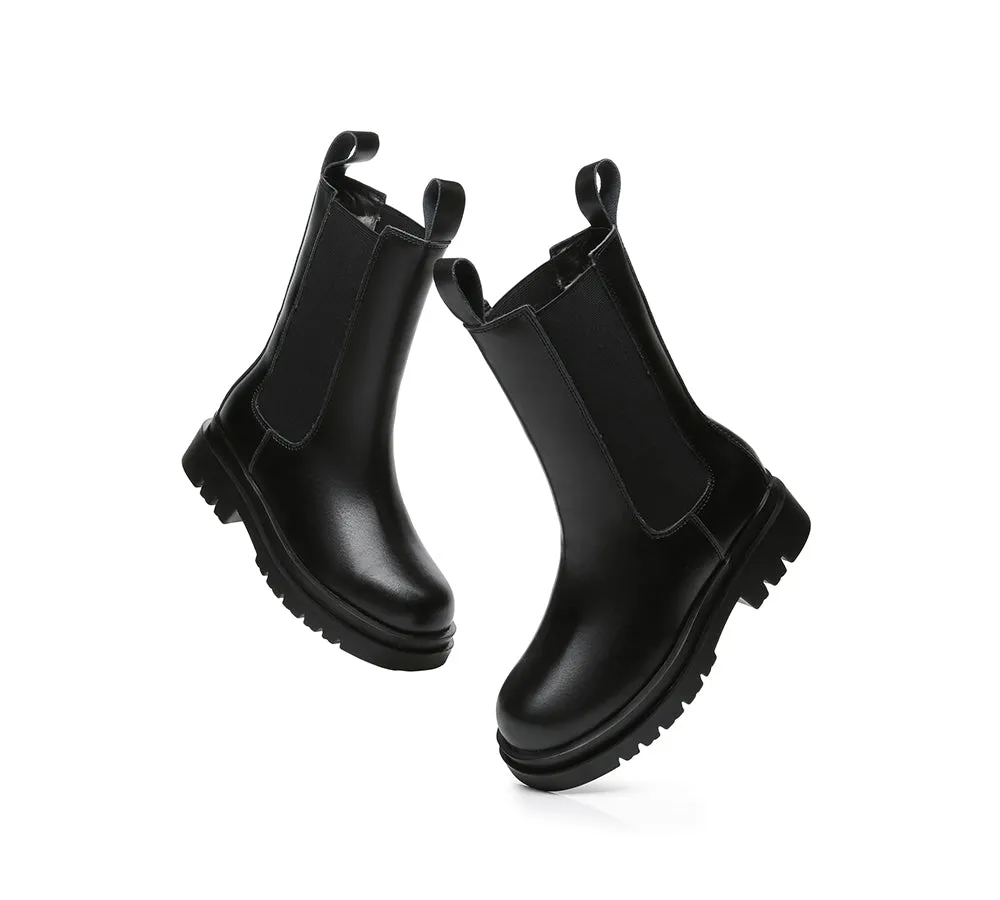 TARRAMARRA® Women Leather Sheepskin Wool Block Heel Black Boots Sherlyn