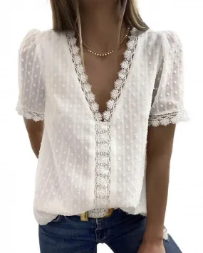 Wholesale v Neck Short Sleeve White Black 8 Colors Women Ladies Summer Dot Lace Chiffon Tops Shirts Blouse