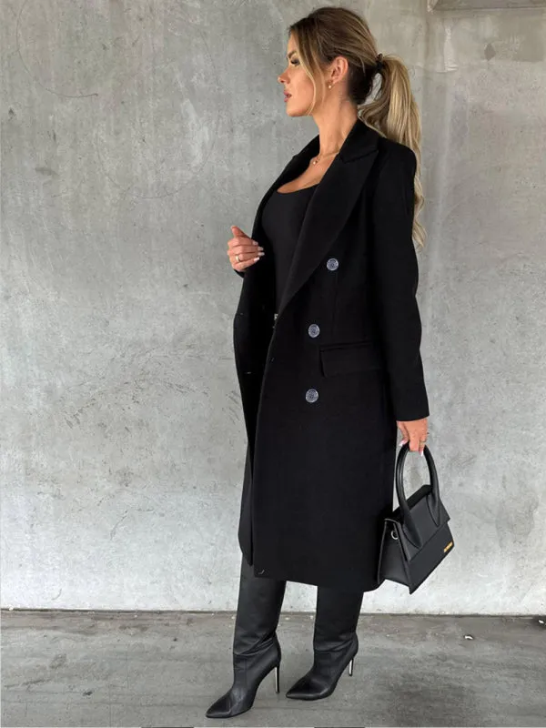 Women's Double Breasted Mid Length Button Closure Coat With Pockets