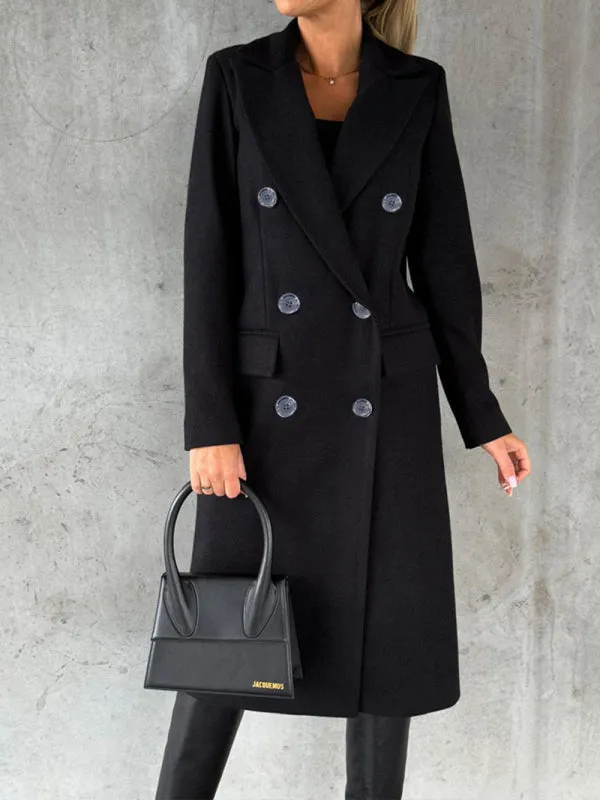 Women's Double Breasted Mid Length Button Closure Coat With Pockets