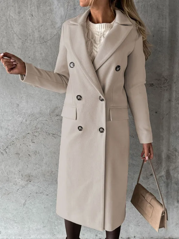 Women's Double Breasted Mid Length Button Closure Coat With Pockets