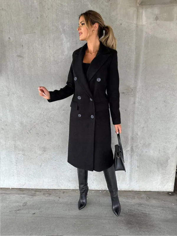 Women's Double Breasted Mid Length Button Closure Coat With Pockets