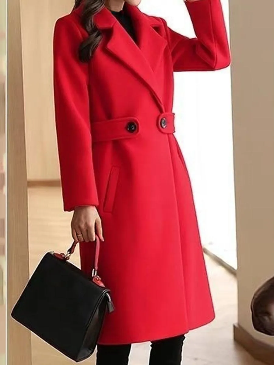 Women's Winter Coat Long Pea Coat Lapel Fall Warm Overcoat Maillard Windproof Warm Outerwear with Pockets Trench Coat Comtemporary Stylish Casual Jacket Long Sleeve