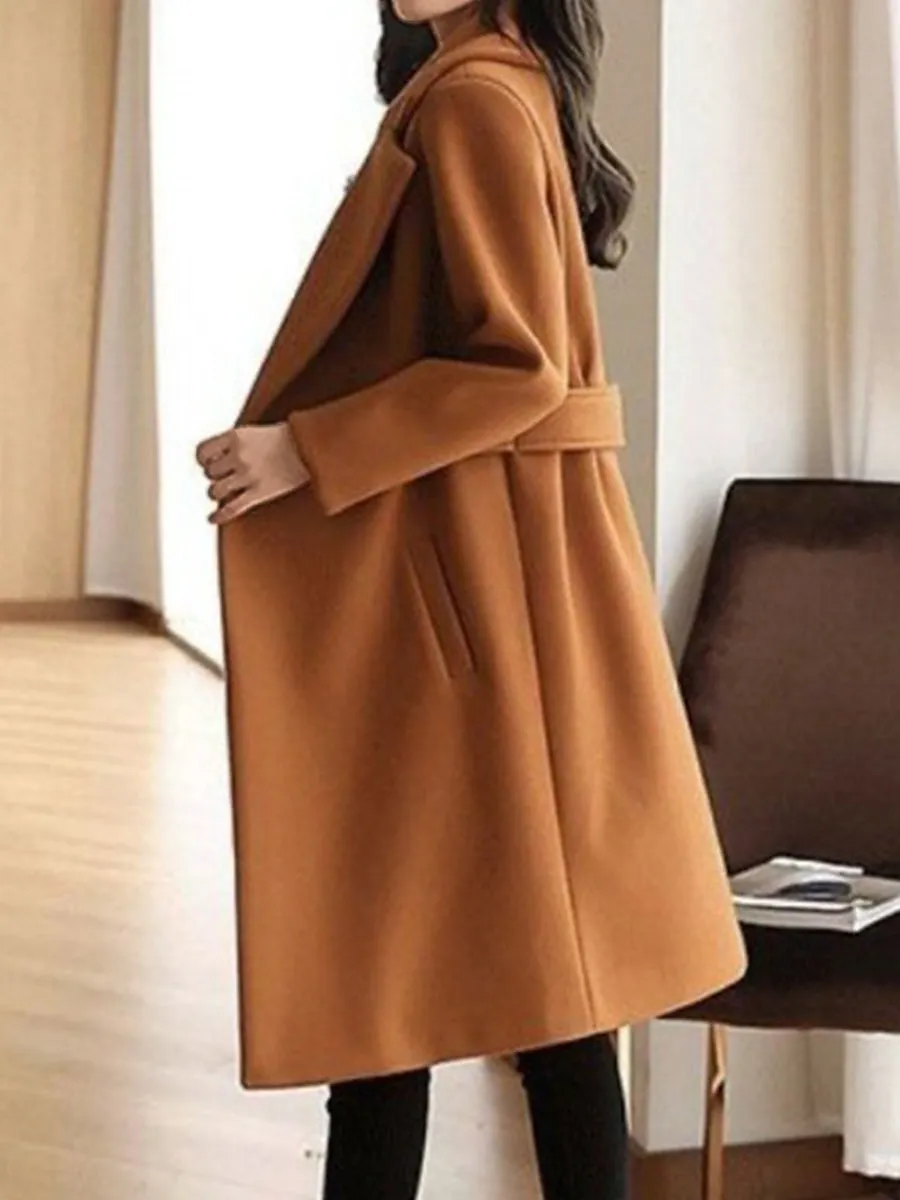 Women's Winter Coat Long Pea Coat Lapel Fall Warm Overcoat Maillard Windproof Warm Outerwear with Pockets Trench Coat Comtemporary Stylish Casual Jacket Long Sleeve