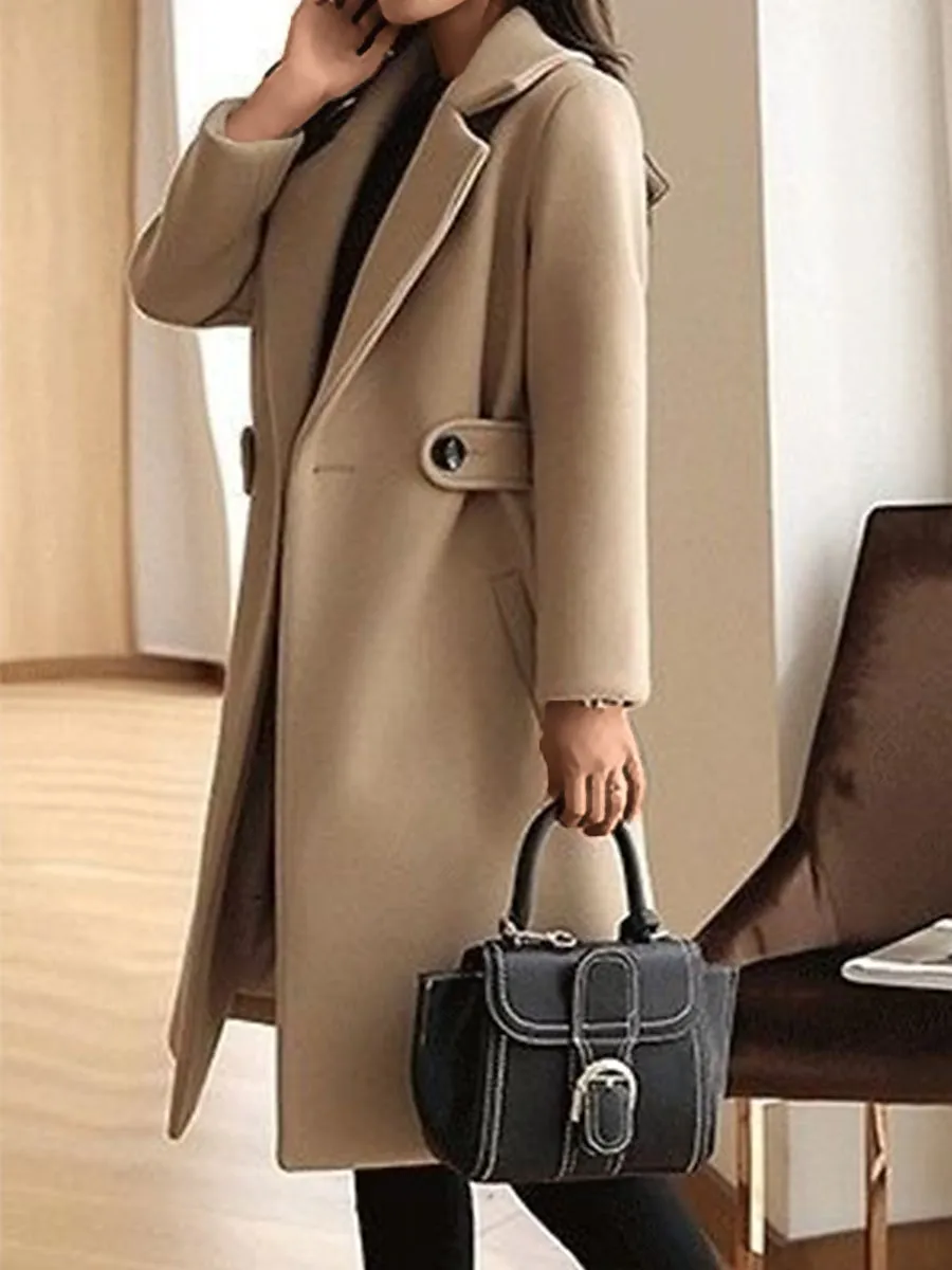 Women's Winter Coat Long Pea Coat Lapel Fall Warm Overcoat Maillard Windproof Warm Outerwear with Pockets Trench Coat Comtemporary Stylish Casual Jacket Long Sleeve
